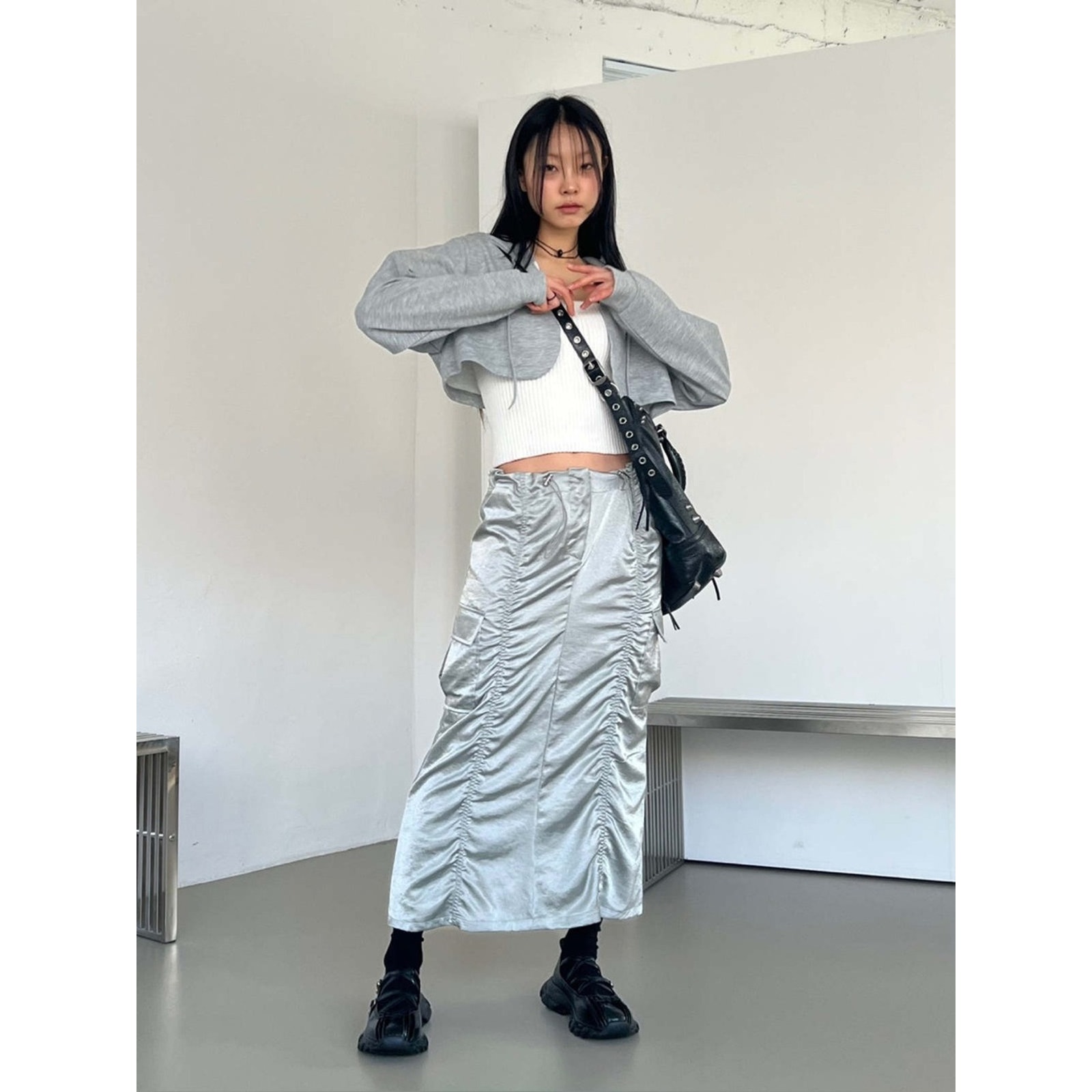 The Nkc Store Bernadette Cargo Satin Skirt Silver Sager Y2k Gorpcore One Size — image 2 of 8